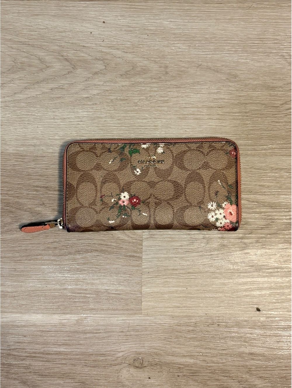 Coach Brown Floral Wallet w/ Pink Leather Lining Full Size Whimsical Luxury